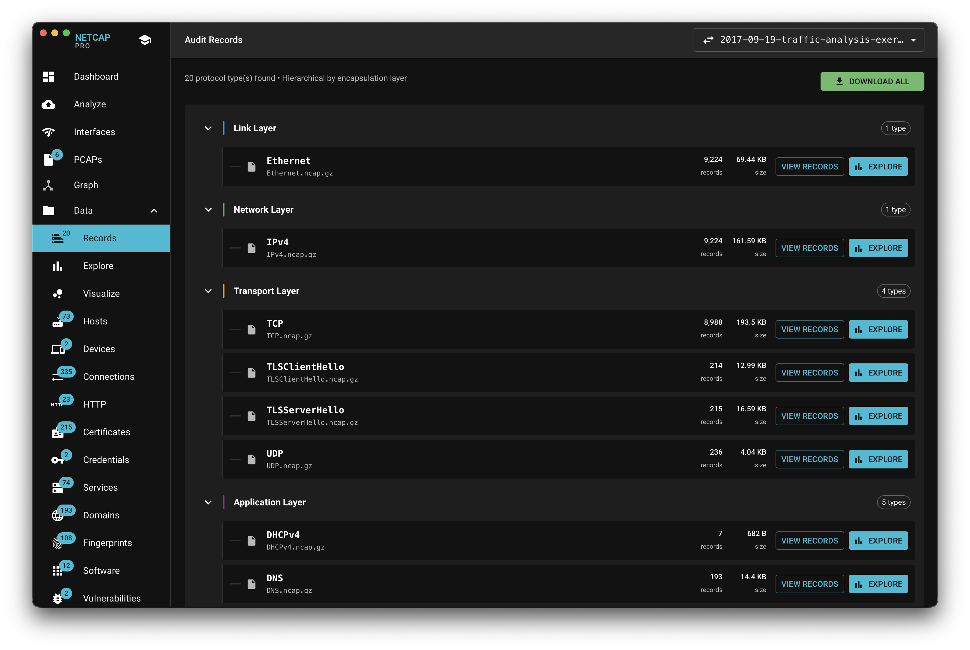 Netcap audit records screen listing captured protocols by network layer