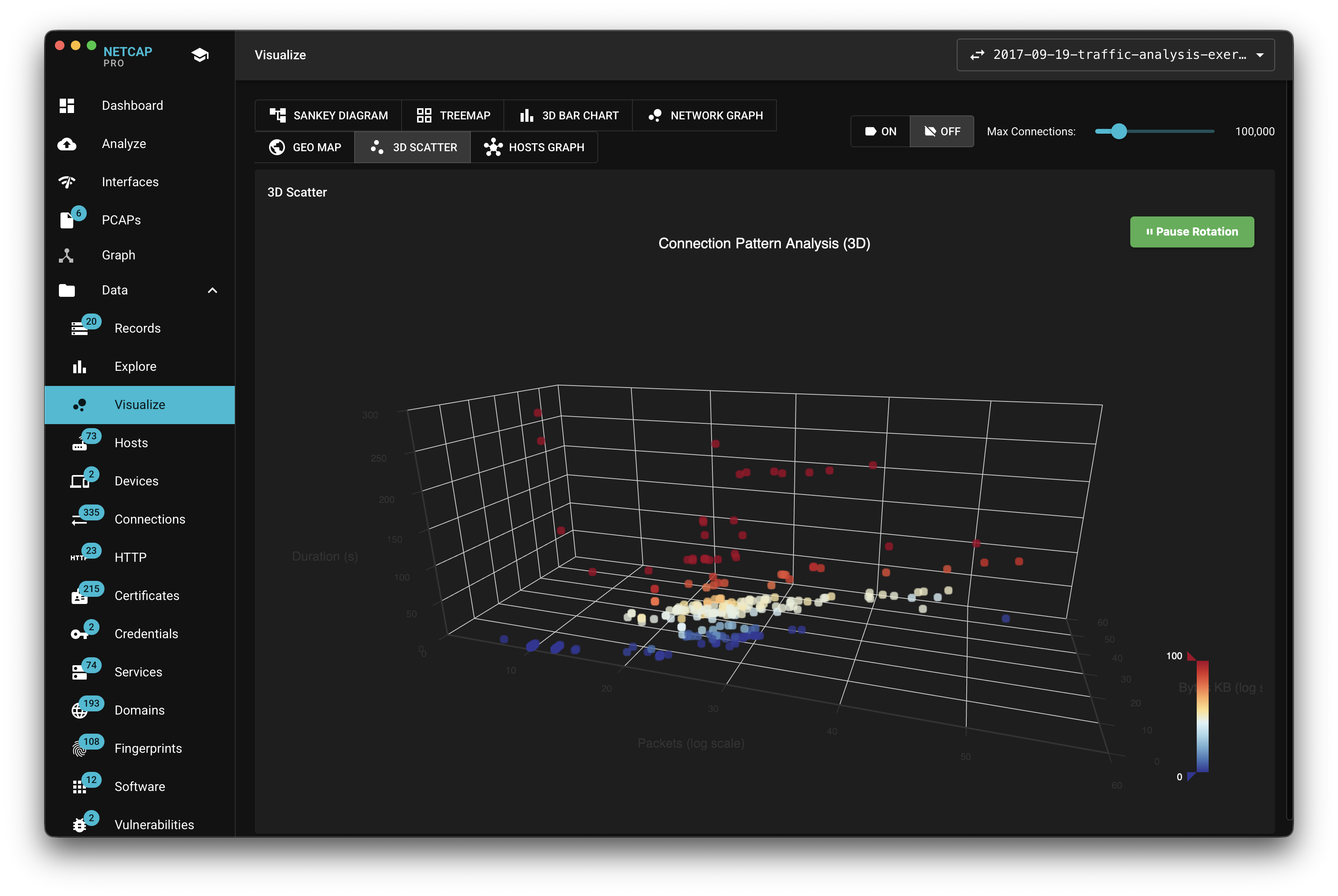 Netcap 3D connection pattern visualization with colored network nodes