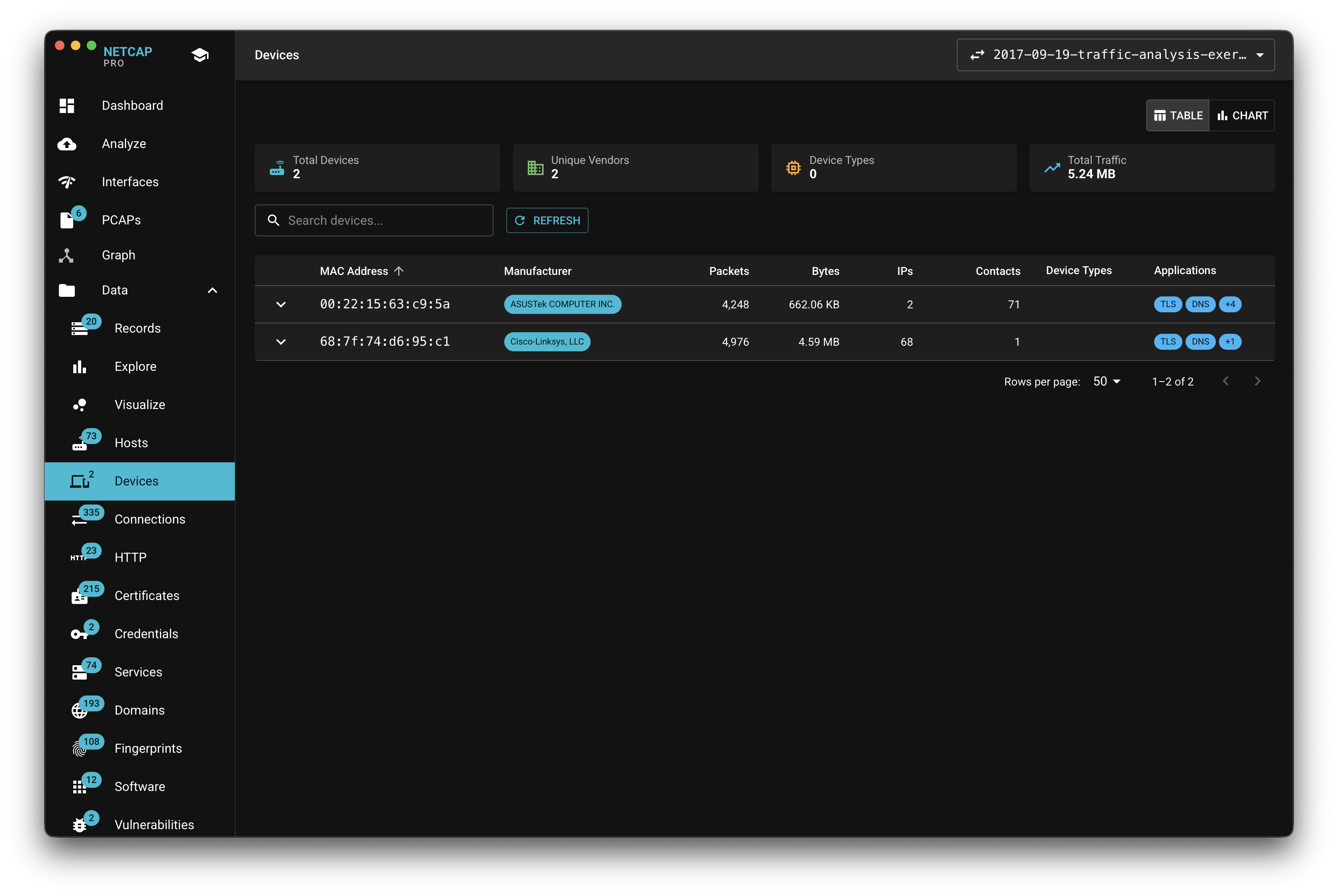 Netcap devices screen listing network interfaces and manufacturers
