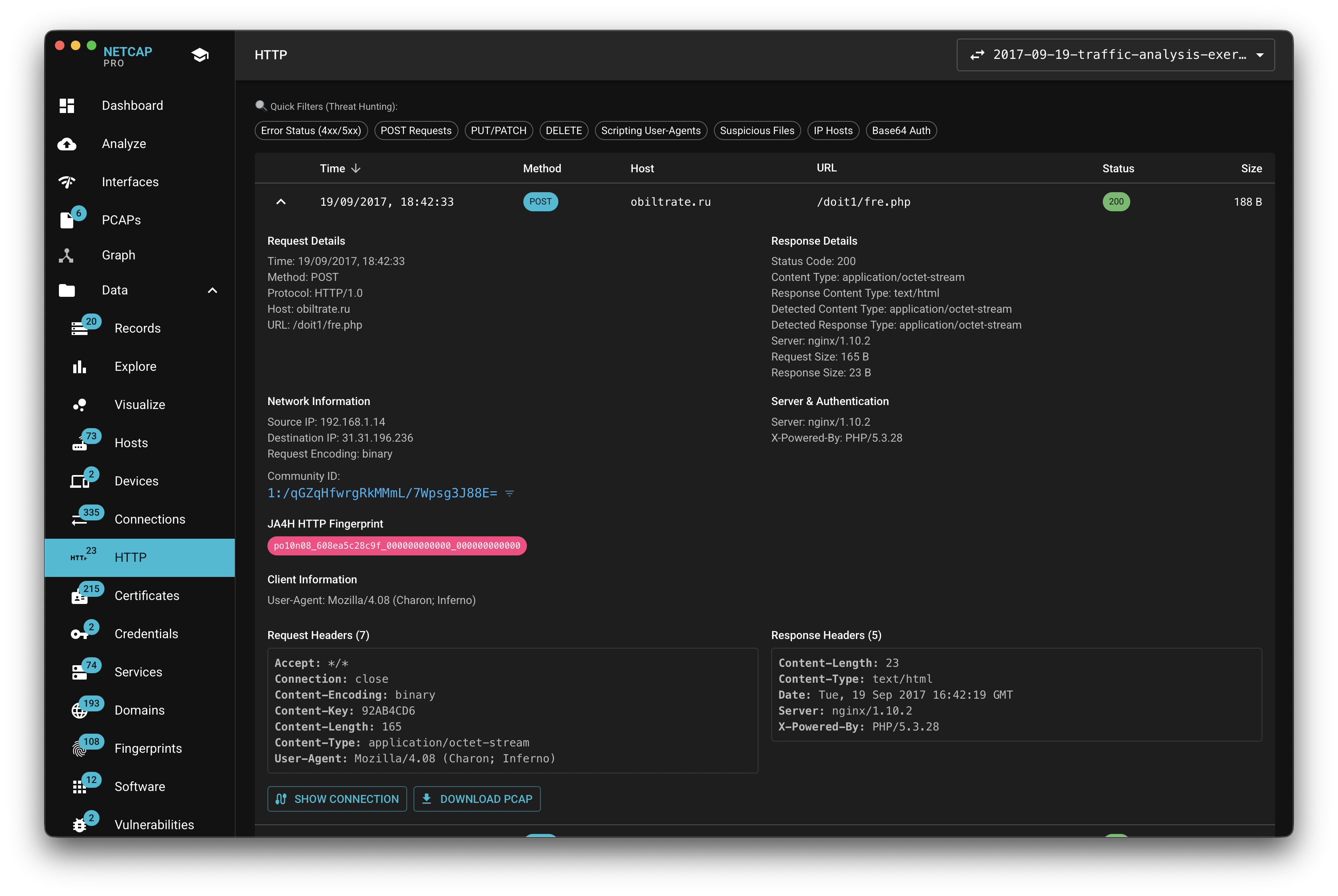 Netcap HTTP transaction detail showing request and response metadata