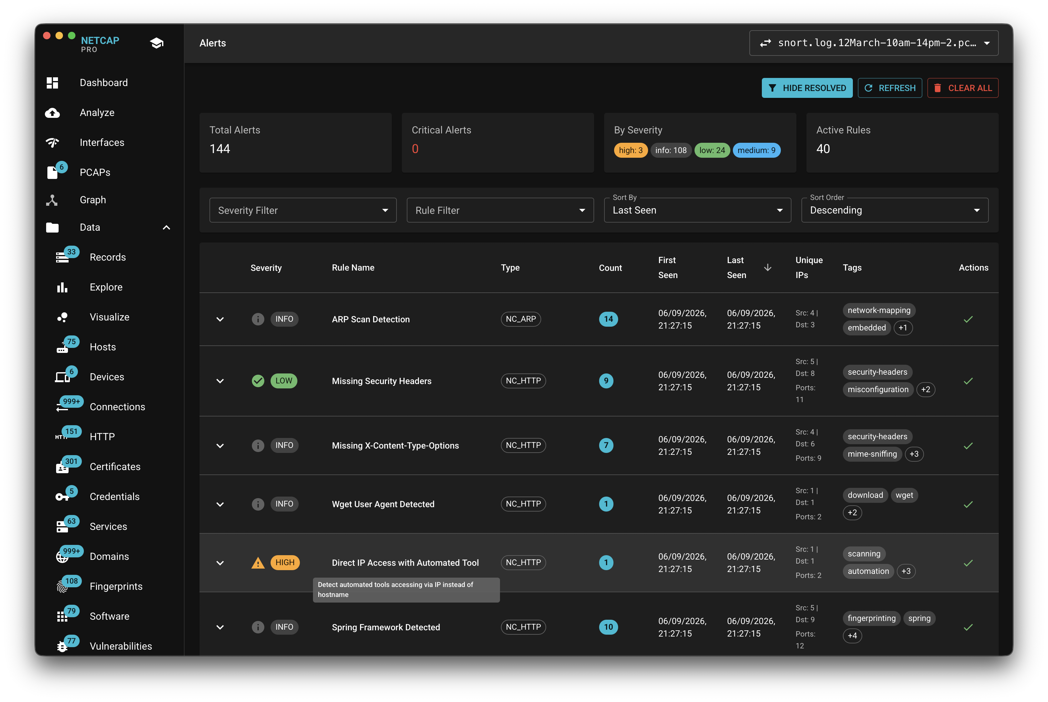 Netcap alerts screen with severity totals and a filterable findings list
