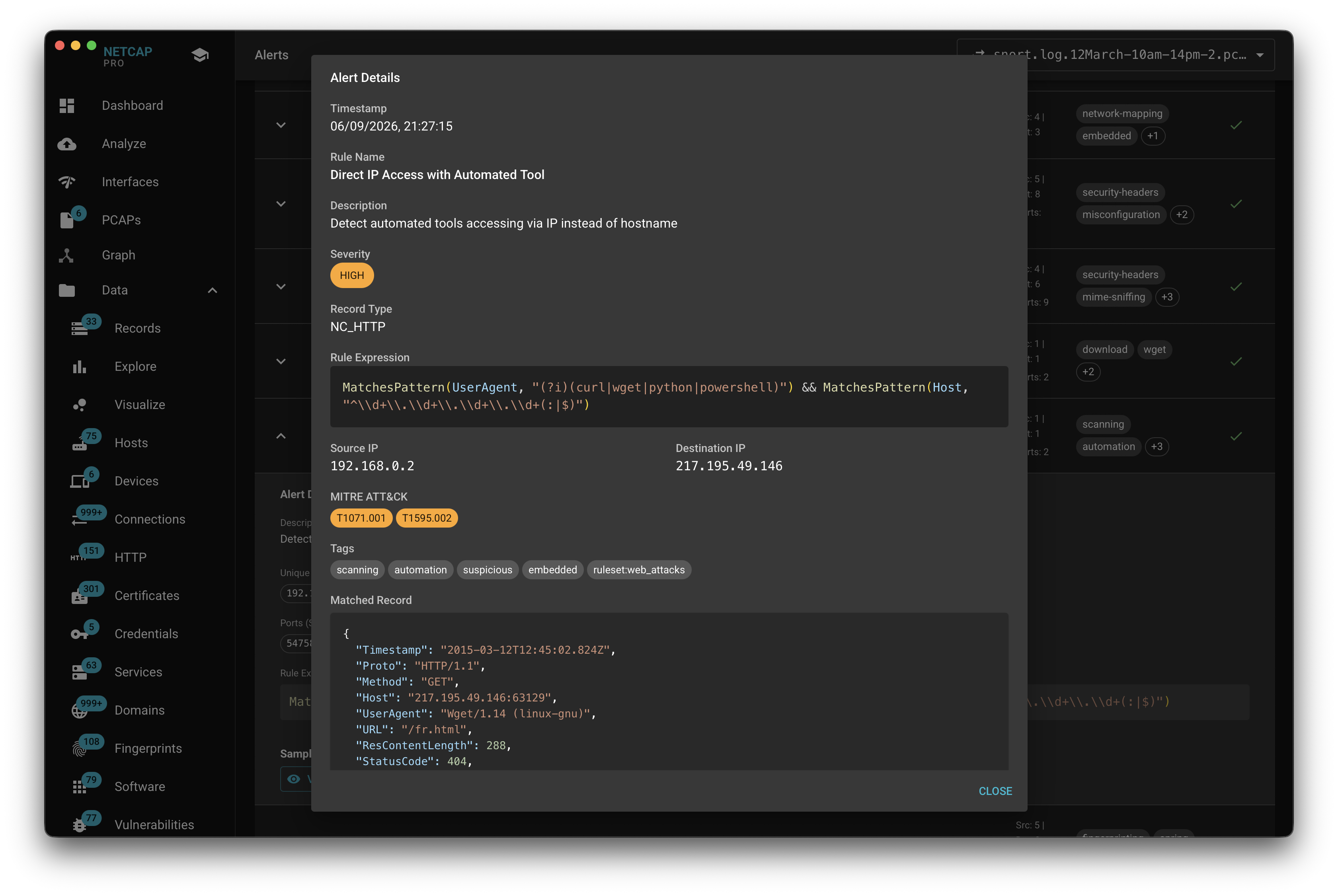 Netcap alert detail panel showing rule metadata and packet evidence
